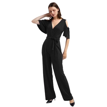 

Kureas Knitted Voeralls Women Elegant Wide-legged Jumpsuit Elastic Hollow Out Sexy V Neck Flare Sleeve Rompers with Belt