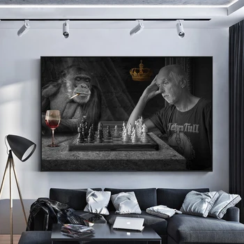 

Monkey Playing Chess Creative Art Paintings Print on Canvas Art Posters and Prints Black And White Animals Art Pictures Cuadros