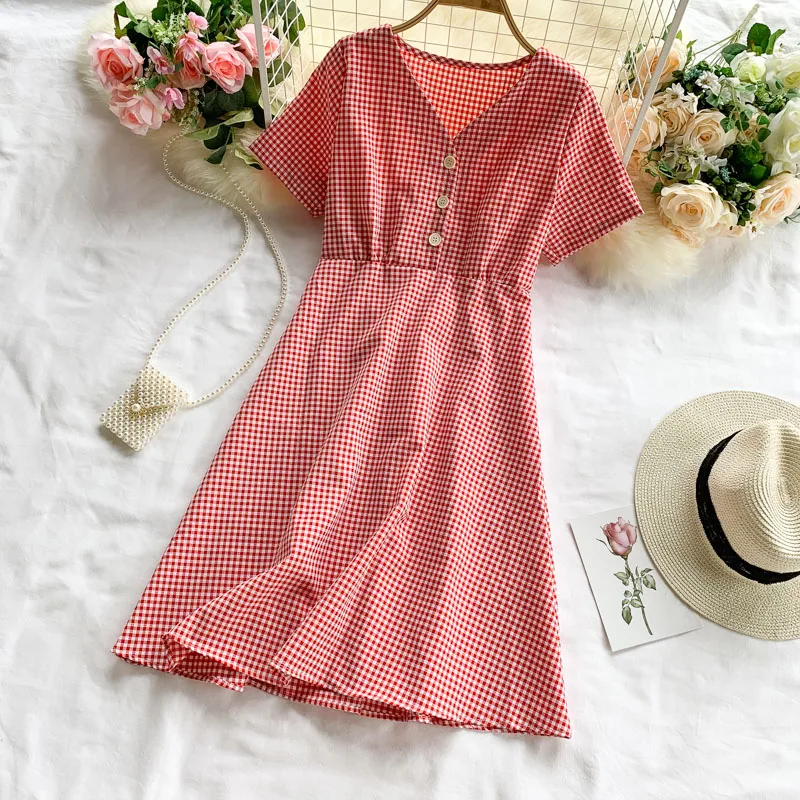 

Summer Women Korean Plaid Dress Female V-Neck Short Sleeve Empire A-Line Button Dresses Casual Knee-Length Cute Sweet Vestidos