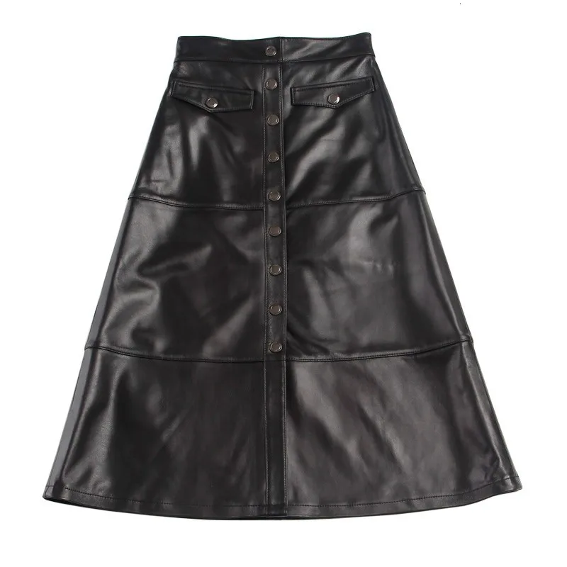 Новинка, Женская Осенняя черная кожаная зимняя высокая юбка из натуральной овечьей кожи, Простая Офисная Женская юбка на пуговицах