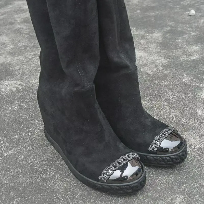 Black Suede Leather Metal Iron Toe Thigh Boots Height Increasing Inner Wedge Heel Woman Stretch Slip On Over Knee Boots