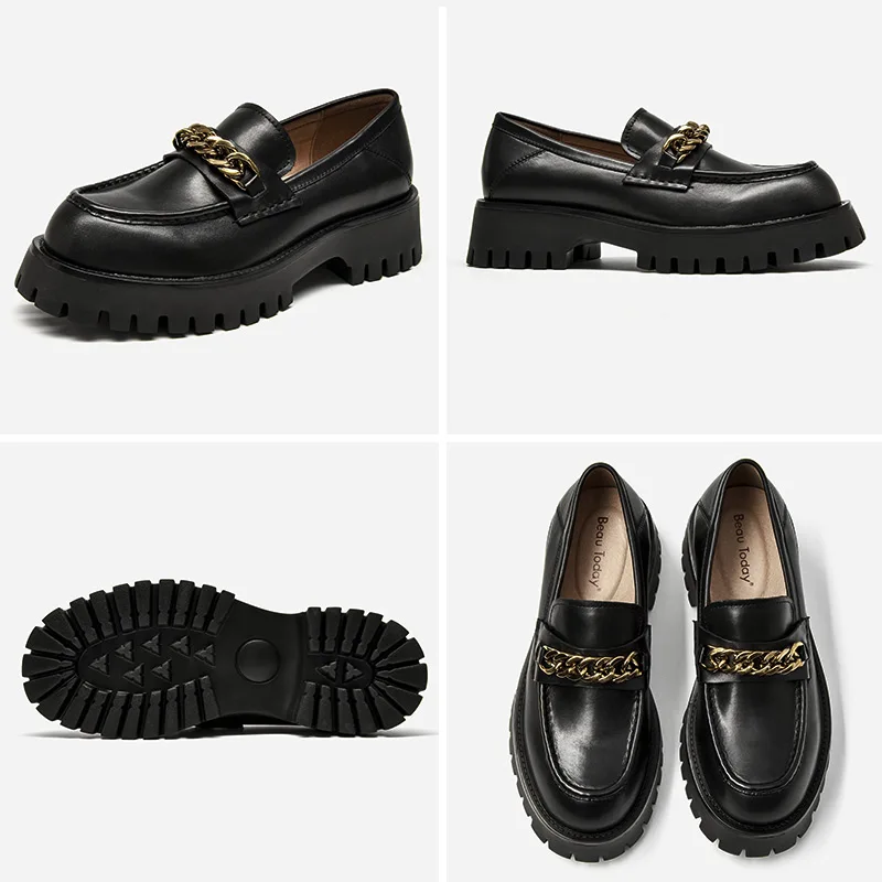 BeauToday Platform Loafers Women Genuine Cow Leather Round Toe Casual Flats Metal Chain Slip On Female Shoes Handmade 27756