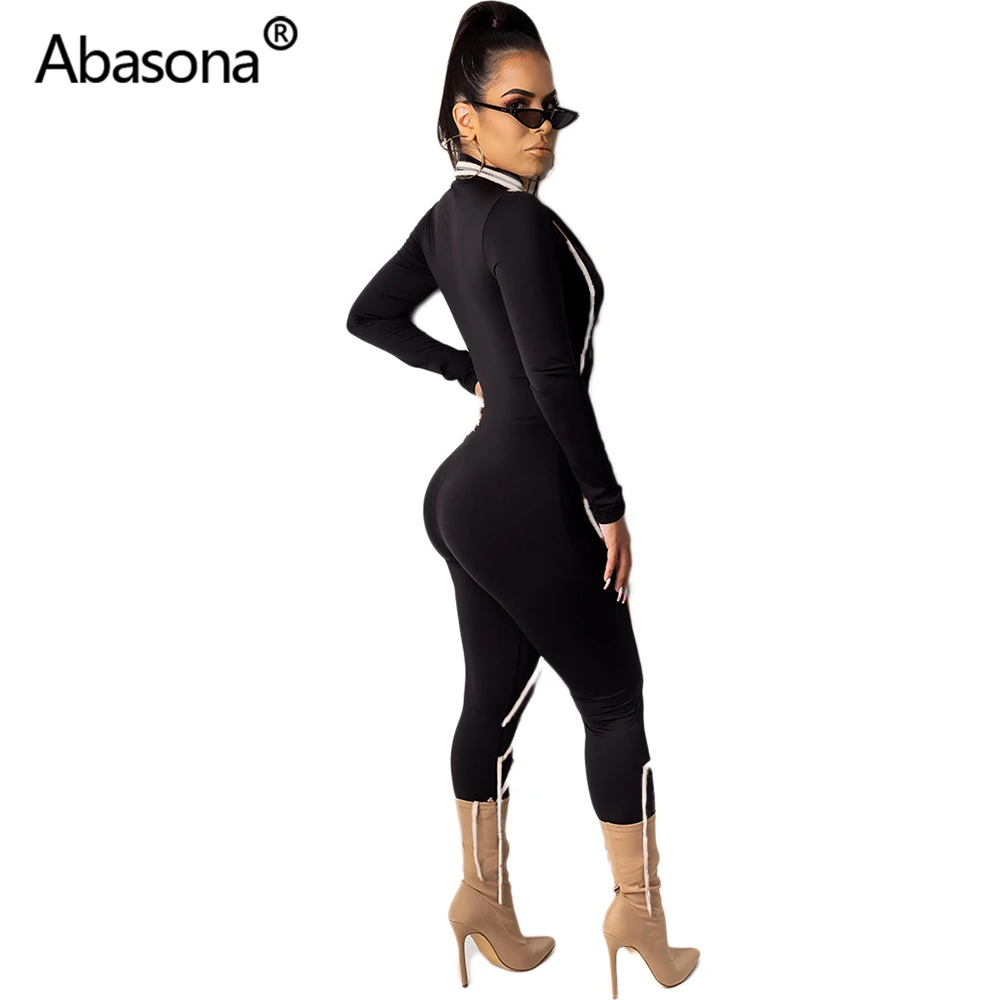 Abasona Autumn Women Winter Striped Printed Sexy Bodycon Romper Womens Junmsuit Long Pants Overalls Playsuits Party Night Club