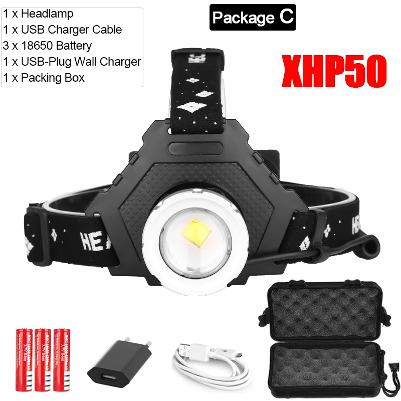 Package C Самый мощный светодиодный налобный фонарь XHP70.2, перезаряжаемый через USB, головной светильник XHP70 XHP50, масштабируемый головной светильник, водонепроницаемая Налобная лампа, работающая от аккумулятора 18650 - Испускаемый цвет: Package C