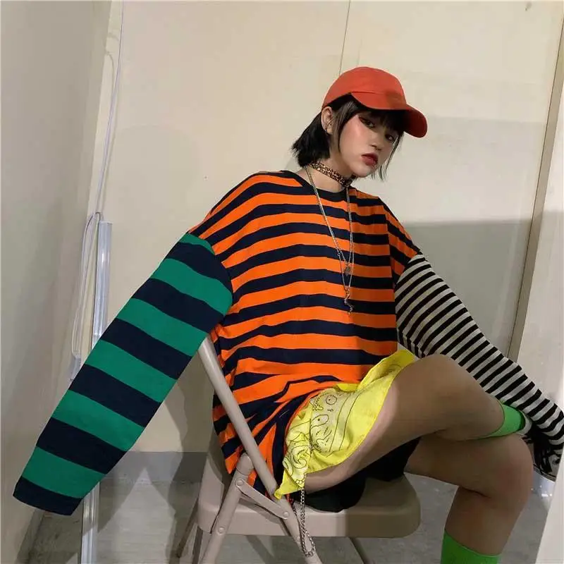 Женская Лоскутная хип-хоп Футболка Harajuku, топы, одежда, модные свободные футболки с длинным рукавом, уличная одежда