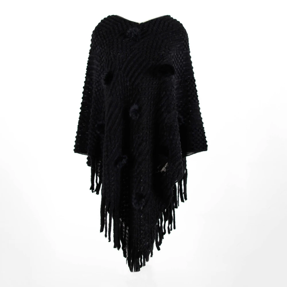 Women Solid Fur Ball Irregular Tassel Cloak Sweaters Autumn Winter Knitted Poncho Capes Full Sleeve Loose Pullover Sweater - Цвет: Черный