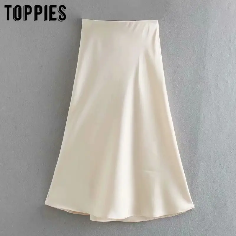 2020 white satin midi skirts high waist pink a line skirts summer ...