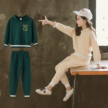 

Big Girl Fall Sports Clothes Simple Hooded Sweater + Pants 2pcs Sets for Girls 8 To 12 Years Kids Clothing Back To School Outfit