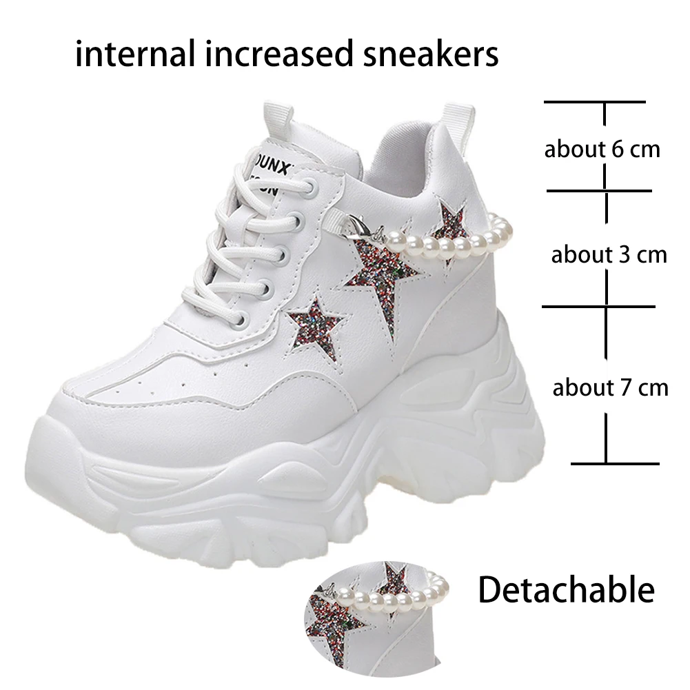 embroidered ballet flats shoes Female Flats women's Sneakers Pearl Chain Lace Up Round Toe Chunky Heel Shoes For Women 2021 Footwear Autumn Internal Increase women's flats shoes	