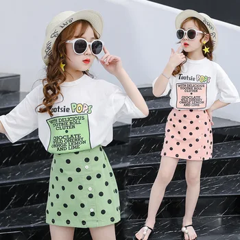 

Summer Kids Baby Girl Clothes Sets Short Sleeve T-shirt Tops+Polka Dot Skirt Clothes 2PCS Children Outfits Teen Girl Suits
