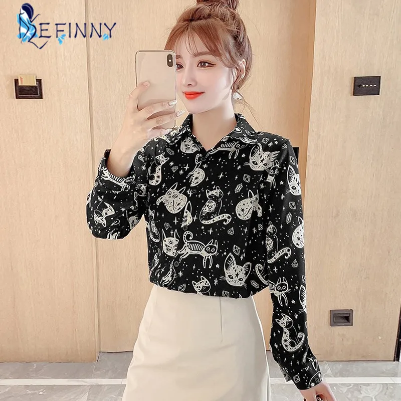 ladies shirts Women Shirt Cat Pattern Printed Personality Tops and Blouses Fashion Office Lady Long Sleeve Clothes White Black chiffon blouse