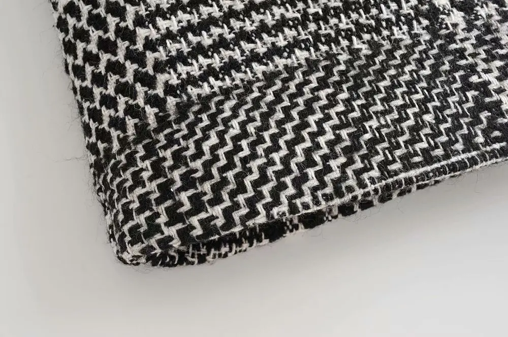 QZ1100 European Design Double Pockets Black White Vintage Houndstooth Wool Blends Skirt Autumn Saias