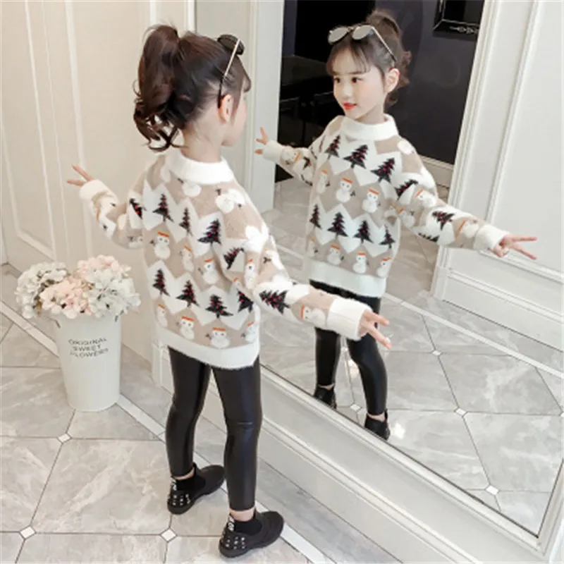 Winter Clothes For Girl Thick Sweater Christmas snowman Cartoon Cute Thick Knitted Bottoming Imitation Mink Pullover Sweater