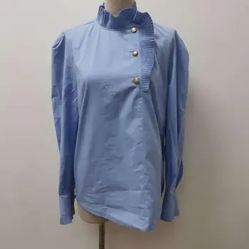 

Women Pleated Collar Shirt Metal Button Long Sleeve Solid Color 2020 New Female Blouse