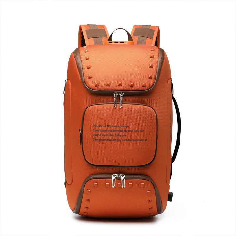 OZUKO Multifunction Men Anti-theft Backpack Large Waterproof USB Charging 15.6" Laptop Backpack Male Travel Bag with Shoe Pouch - Color: Orange