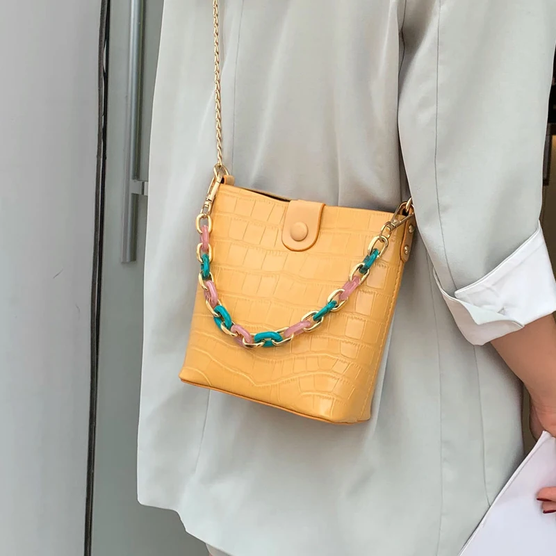 

Multicolor Acrylic Handle Handbag Alligator Leather Bucket Bag Chain Shoulder Bag Womens Messenger Crossbody Bags bolso