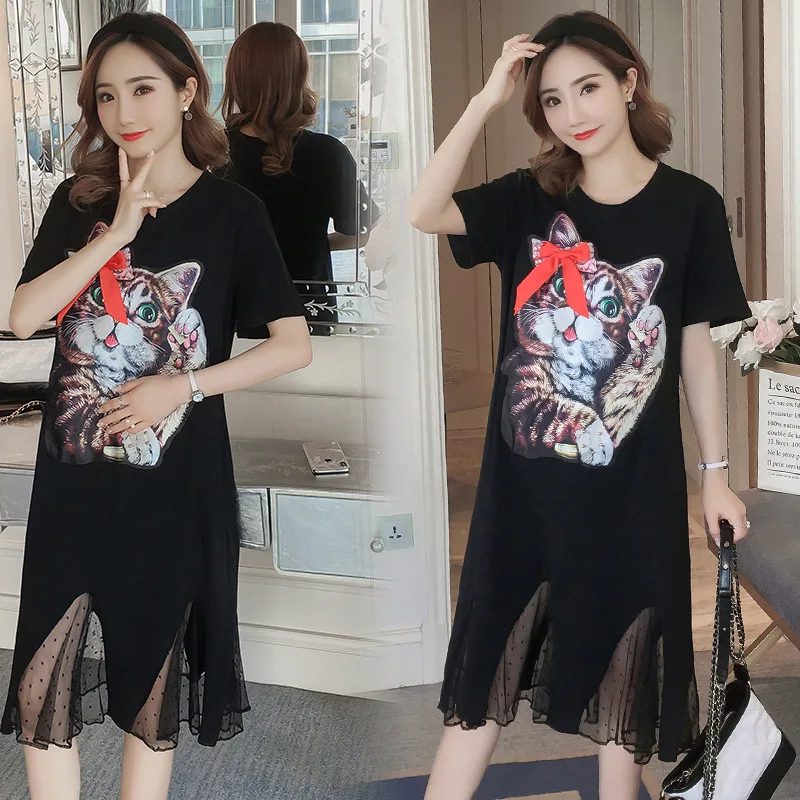 

Maternity Clothes 2019 New Style Summer Cartoon Printed Lucky Cat Gauze Joint Pregnant Women Dress