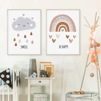 

Cartoon Rainbow Cloud Boho Style Nursery Canvas Painting Print and Poster Pictures Wall Art for Kids Room Bedroom Home Decor