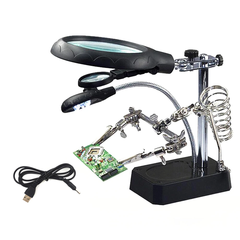 Goedkoop 2.5X 7.5X 10X USB Auxiliary Clip Lassen Vergrootglas 5 LED Hand Solderen Soldeerbout Standhouder Station Magnifier