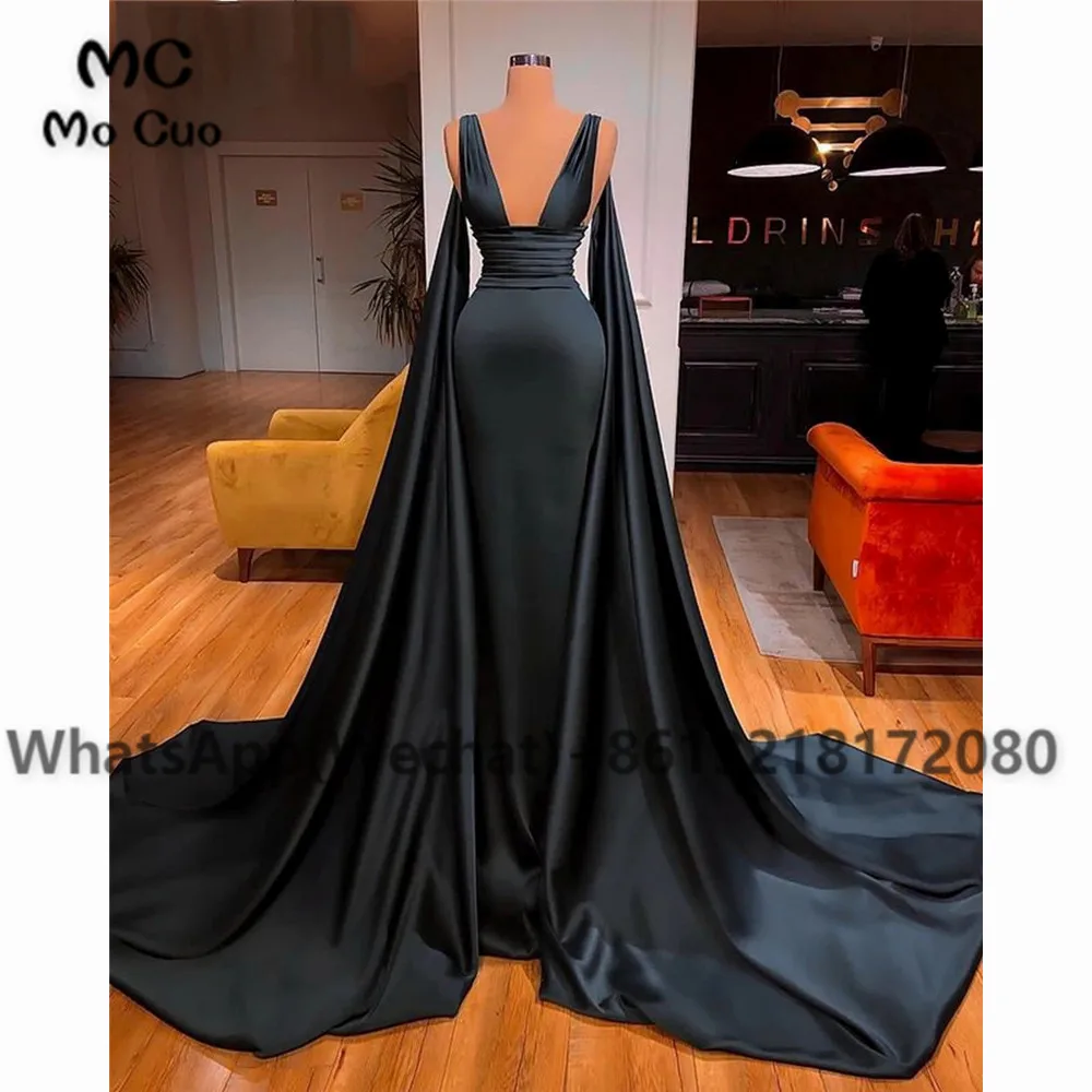 

2021 African Mermaid Black Evening Dresses Long with Shawl Saudi Arabia Dubai Robe De Soiree Evening Party Prom Dress