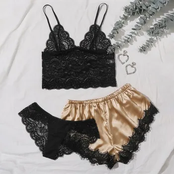 

пижама мужская pijamas dormir tops New women's satin lace pajamas 3 piece set sexy silk exquisite comfortable seduction set F04