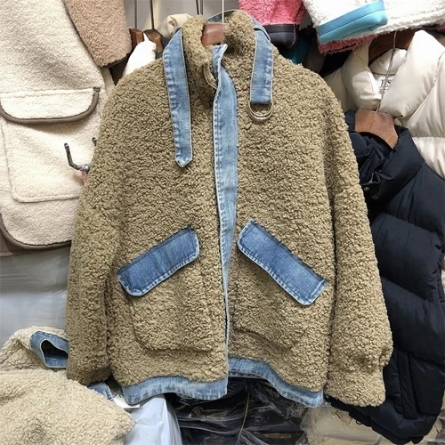 Осень и зима новые корейские сплайсинговые джинсы свободные овчины модное цельное пальто женские куртки и пальто куртка размера плюс - Цвет: Хаки