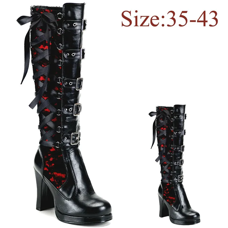 Модные ботинки; женские кожаные сапоги до колена на платформе с перекрестной шнуровкой для костюмированной вечеринки на Хэллоуин; женские ботинки с бантом в готическом стиле; обувь для фестиваля; N25 - Цвет: Red