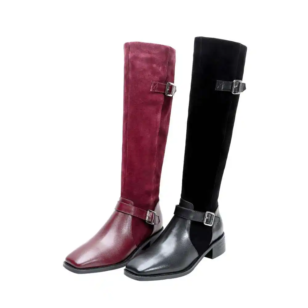 Lenkisen new vintage cow leather patchwork buckle straps square toe med heels winter keep warm women Zipper thigh high boots L35