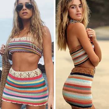

Para Praia 2020 Sexy Off Shouder Crochet Beach Cover Up Stylish Stripe Beach Tunic Women Bikini Beachwear Two-piece beach skirt