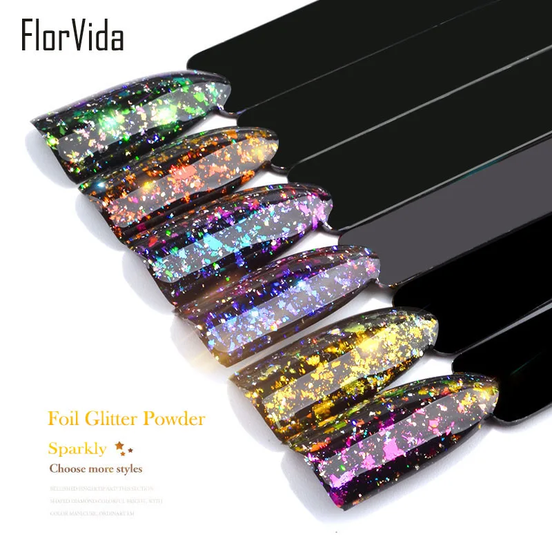 FlorVida 0,2 г дизайн ногтей блестящая фольга порошок блестки тонкий ломтик блестящие лазерное зеркало пудра для ногтей дизайн ногтей Фольга Блеск
