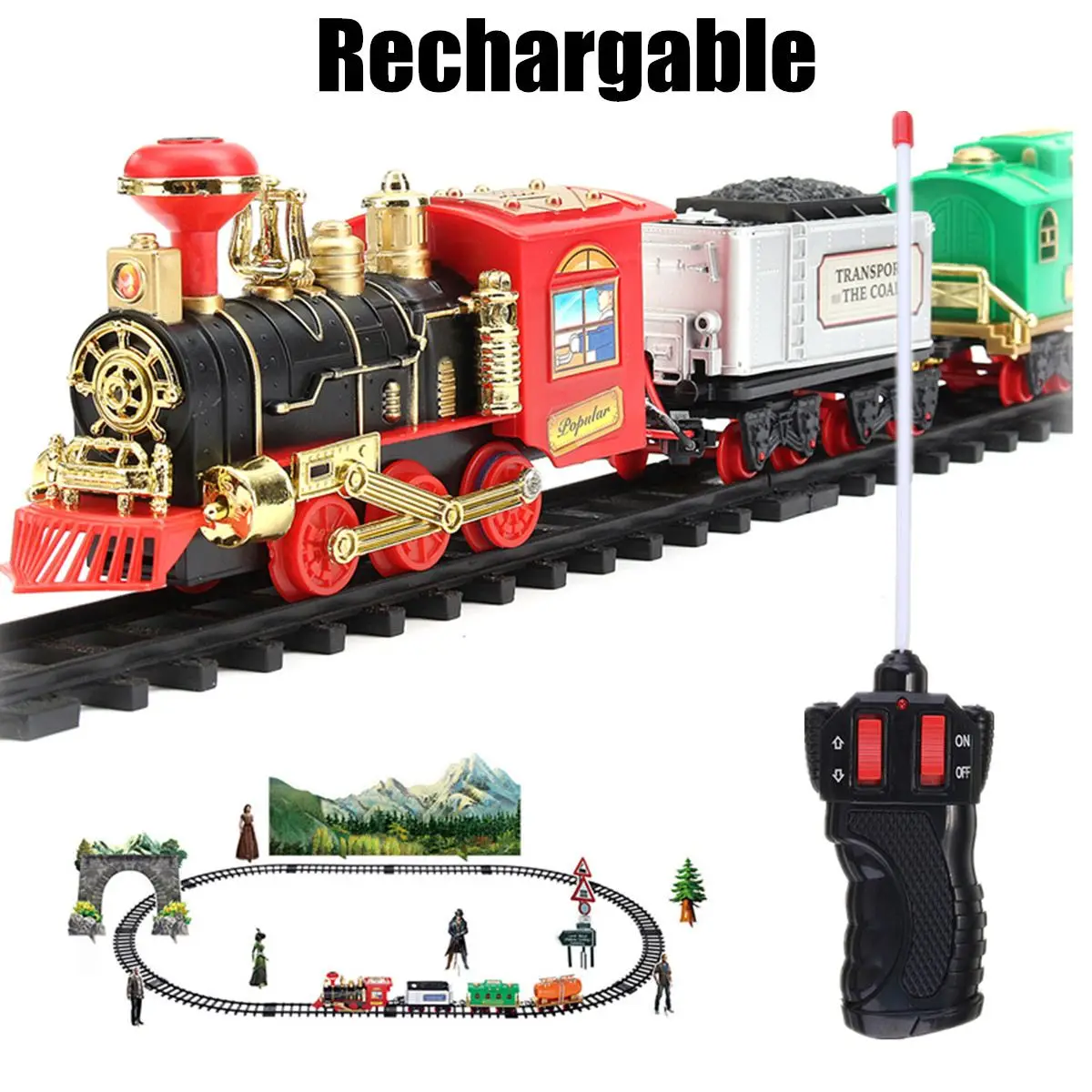 

Electric Rechargeable Steam Smoke Train Model Truck Car Track Toy Remote Suit
