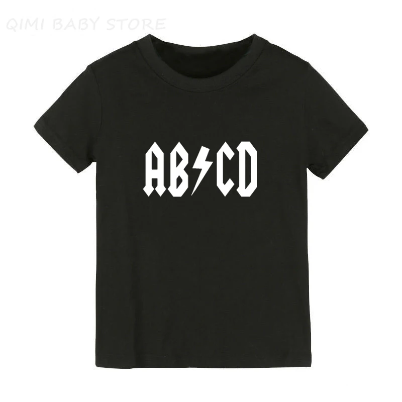 Забавные ABCD с буквенным принтом детская одежда рок Acdc для малышей Одежда для детей, которые начинают ходить, для мальчиков и девочек, детская футболка модные летние детские майки, футболки