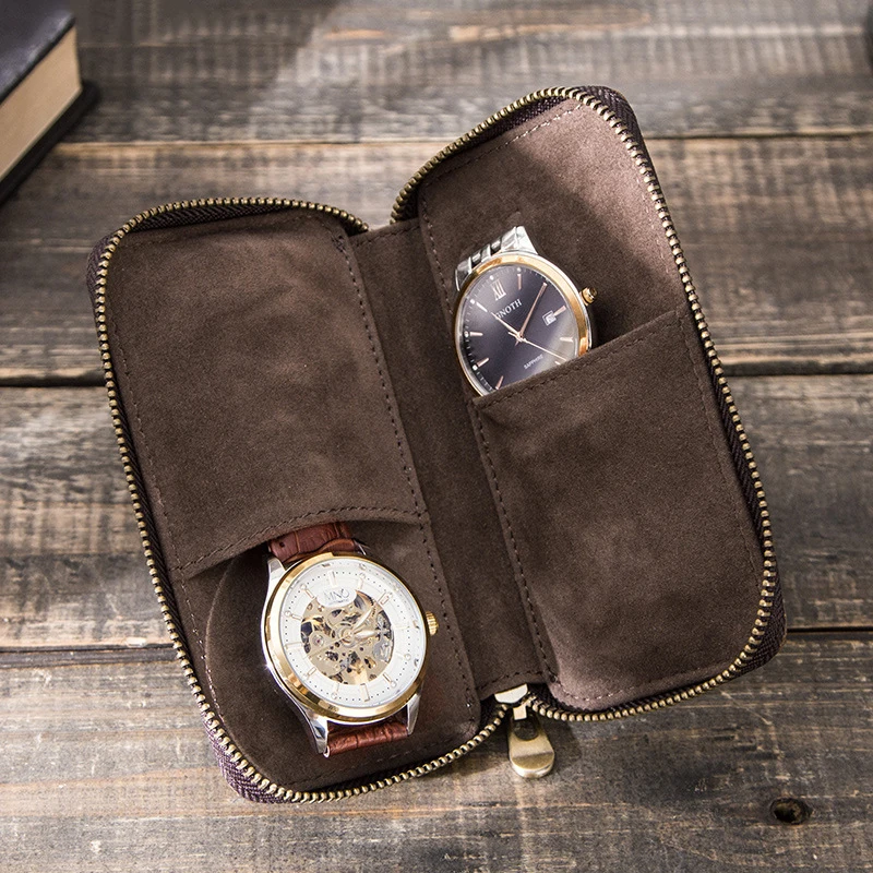 2-Slot Watch Box Luxury Pouch with Zipper Portable Organizer Bag Holds 2 Watches Rustic Leather Brown