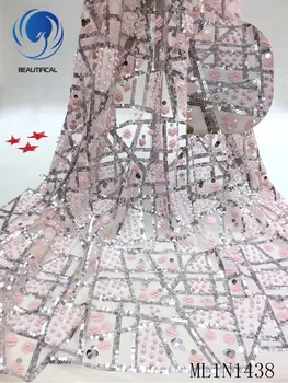 

Beautifical african lace fabrics Top sale nigerian net lace fabric embroidery sequins lace beads fabric for wedding ML1N1438