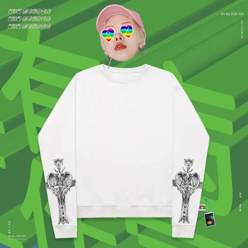 Long-sleeved clothes rap slim handsome skateboard Stickers Ins heart shape Print Ins fashion silhouette oversize sisters - Color: white