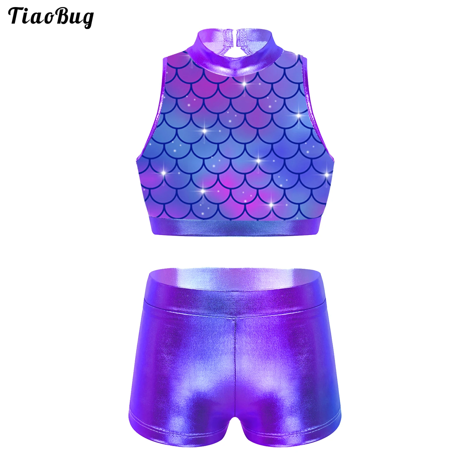 

TiaoBug Kids Girls 2Pcs Dancewear Outfit Sparkly Sequins Sleeveless Cutout Back Crop Top With Metallic Bottoms Set For Jazz Tap