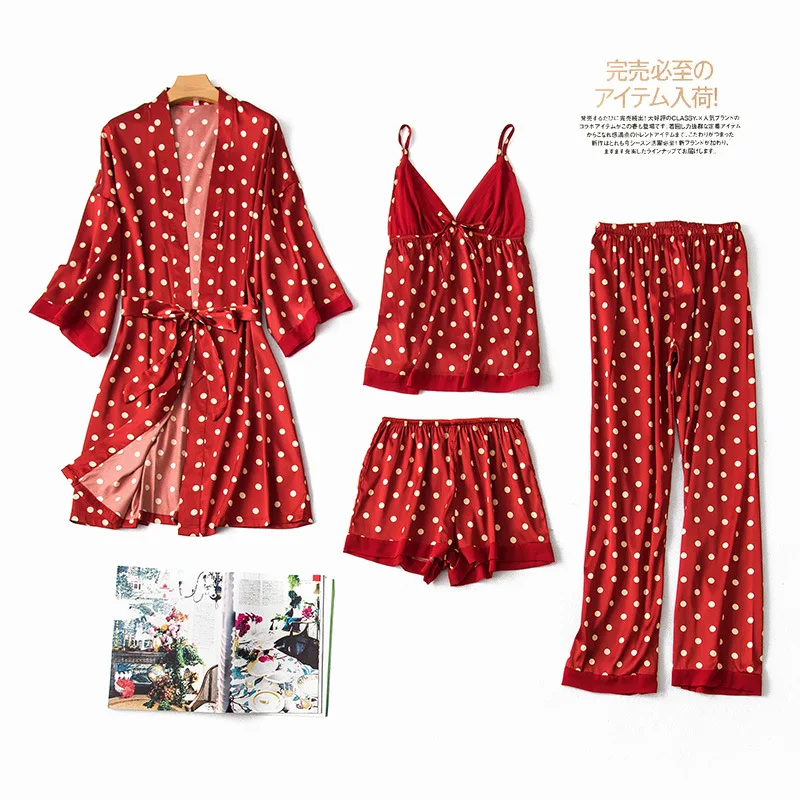 

QWEEK Summer New Dots Print Satin Pajamas Four-piece Sexy V-neck Spaghetti Strap Sleepwear Women Comfortable Cardigan Pyjamas