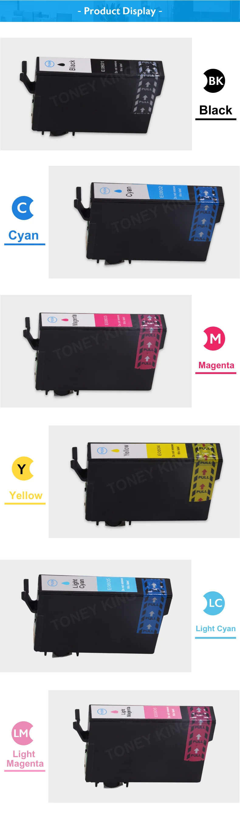 Toney King Compatible Ink Cartridge T0801 T0802 T0803 T0804 T0805 T0806 For Epson Stylus Photo 800FW 810W 820FWD 830FWD Printer