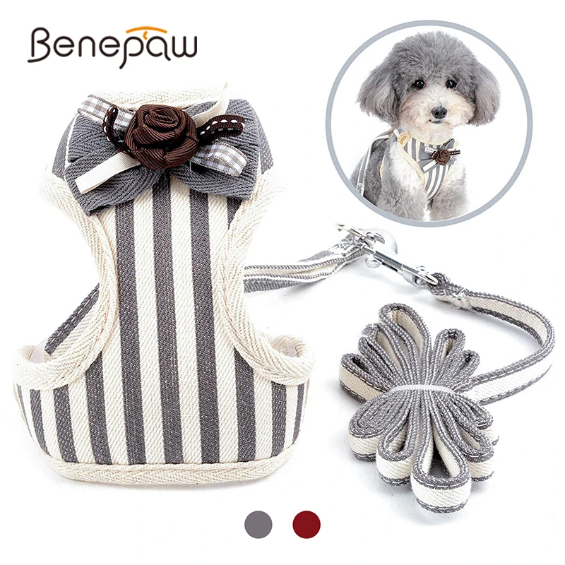 Benepaw Модный Полосатый поводок для маленьких собак, набор, галстук-бабочка, дышащая сетка, Мягкий регулируемый поводок для щенков, для питомцев, защита от побега