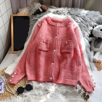 

Solid knitted women sweater and cardigan 2020 winter new solid pocket long-sleeved casual all match female outwear coat tops