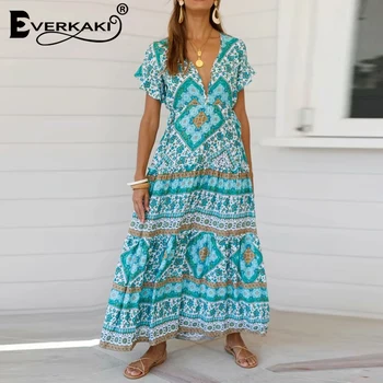 

Everkaki Women Long Dress Boho Floral Print Adjustable Sashes V Neck Summer Vestidos Ladies Vintage Maxi Dresses Female 2020 New