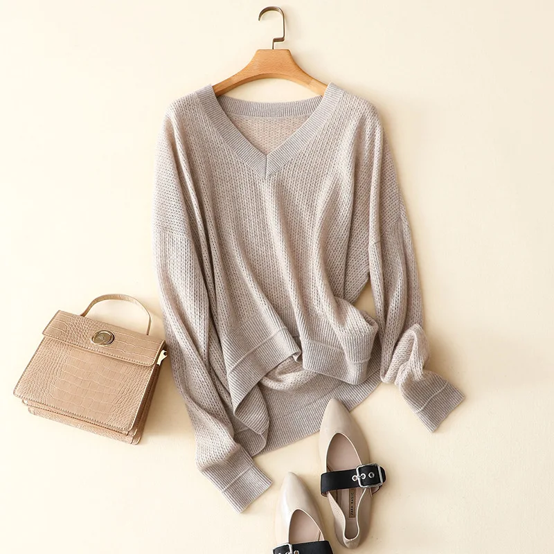 

Ka sana Autumn And Winter New Style V-neck Hollow out Front Short Long Back Cashmere Sweater Women's Simple Loose-Fit Laziness E