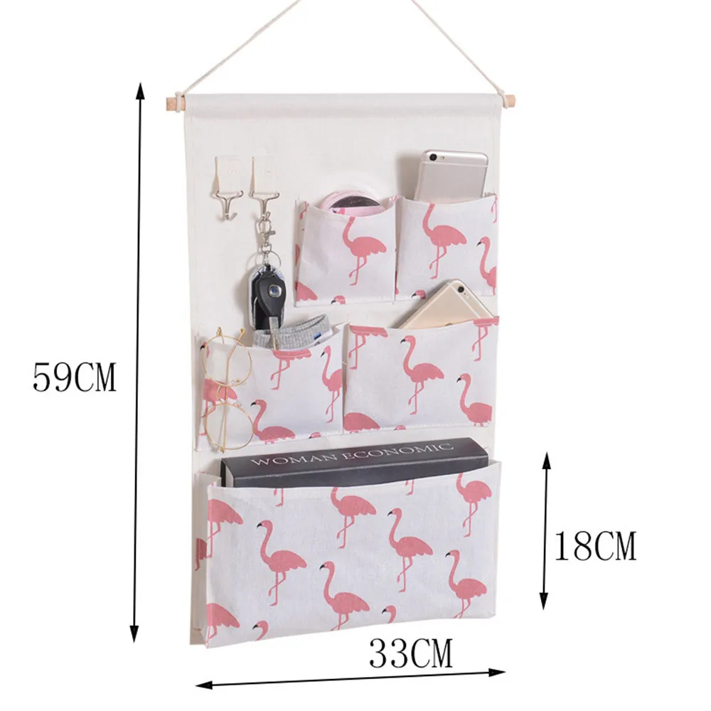 5 Pockets Wall Mounted Bag Waterproof Bedroom Home Storage Hanging Pocket with Hooks Cotton Linen Fabric Sundries Organizer 6