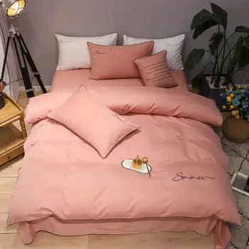

Sanding embroidery Bedding Set cotton Bed Set Meat color Duvet Cover Set Solid color Bed Sheet Pillowcases Queen King size