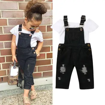 

2019 New Fashion Kids Baby Girl White Lace T-shirt Tops Denim Suspender Pant Jeans Overalls 2PCS Girls Clothing Set