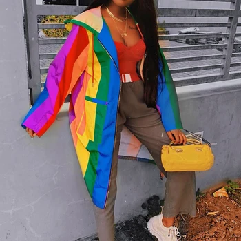 

Casual Print Hooded Colorful Jacket Autumn Winter Full Sleeve Zipper Pocket Plus Size Long Coat Streetwear Women Clothes Trench