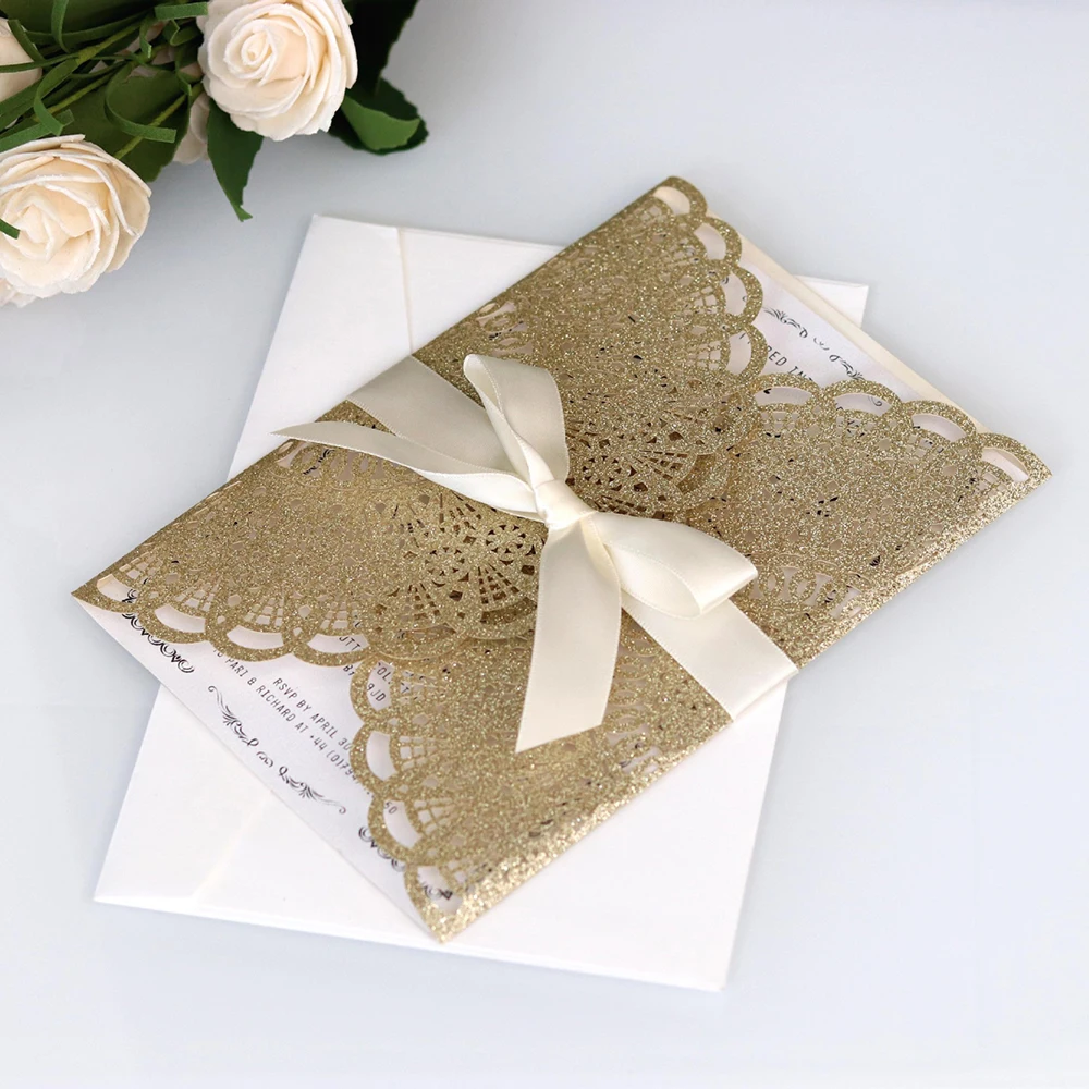  10pcs/set European Hollow invitation Wedding invitation Glitter Gold Invitation Cover Business Invi - 4.00035E+12