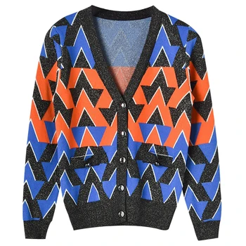 

Runway Cardigans 2019 Luxury Designer Knitted Cardigans Women V Neck Contrast Geometric Lattice Loose Knit Sweater Outwear P-039