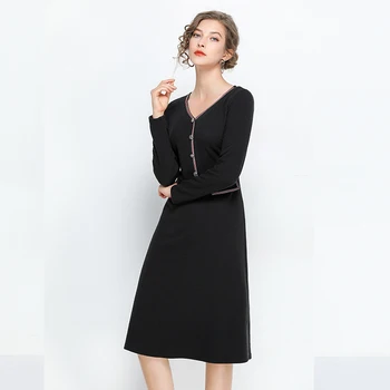 

V Neck Pocket Bottom Fit and Flare Dress Women Elegant Short Sleeve Party Dresses 2019 Womens Black Dress Office Lady Wear L-XL