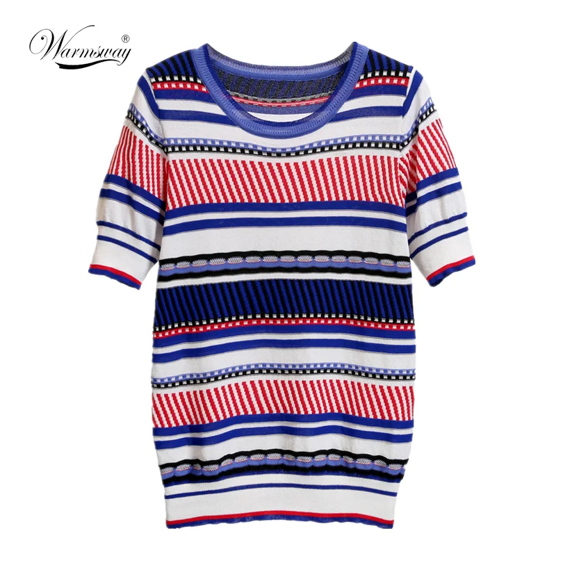 2021 Summer Knitted Striped Top High Quality Women's O Neck Short ...